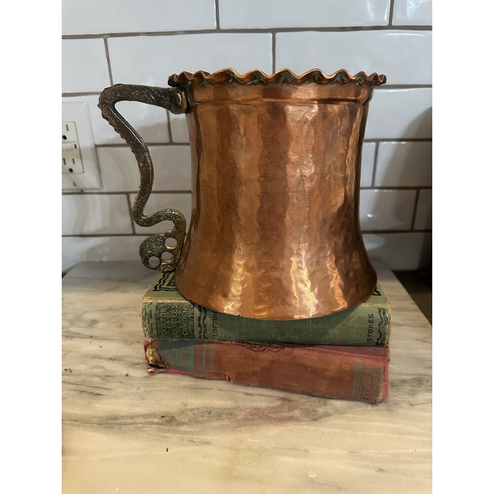 Vintage Pitcher Copper Brass French Style Large Handmade 7.5" Farmhouse Tankard